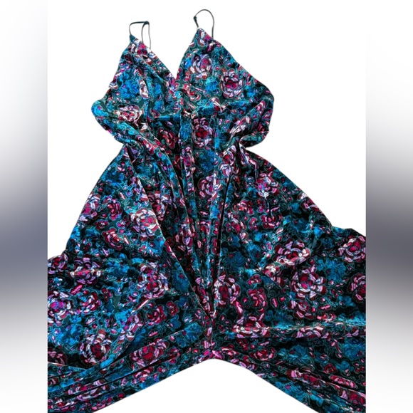 Free People Volcano Super Wide Leg Velvet Floral Jumpsuit Green Pink Size Large - Picture 9 of 15